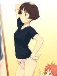  blush bob_cut bow bow_panties brown_hair gake_no_ue_no_ponyo hand_on_hip jas kanchou mirror no_pants panties pink_panties ponyo ponyo_on_the_cliff_by_the_sea reflection risa risa_(ponyo) shirt short_hair standing studio_ghibli surprise surprised sweat underwear 