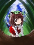  animal_ears aozora_market brown_eyes brown_hair cat_ears cat_tail chen lowres multiple_tails tail touhou 