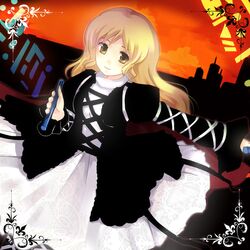  blonde_hair city cloud clouds dress hijiri_byakuren jing_hu kiyoshi_mizuumi_+ sky smile touhou yellow_eyes 