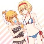  alice_margatroid bad_id bikini blonde_hair blue_eyes green_eyes hairband kirisame_marisa meg_(artist) meg_maru2 multiple_girls popsicle short_hair swimsuit touhou yellow_eyes 