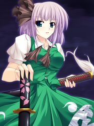  aqua_eyes hairband highres katana konpaku_youmu sheath sheathed short_hair silver_hair sword touhou weapon 