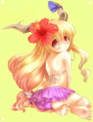  barefoot bikini bikini_skirt blonde_hair child error feet flower hair_flower hair_ornament horns ibuki_suika looking_back swimsuit taoru touhou yellow_eyes 