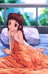  bed bed_sheet blush brown_eyes brown_hair camisole child long_hair lowres morning original satou_toshiyuki sheets 