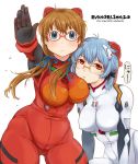  2girls ayanami_rei bespectacled blue_eyes blue_hair breasts brown_hair evangelion:_2.0_you_can_(not)_advance glasses large_breasts long_hair multiple_girls neon_genesis_evangelion outstretched_arm outstretched_hand plugsuit plump rebuild_of_evangelion red_eyes short_hair souryuu_asuka_langley takagi_hideaki twintails 