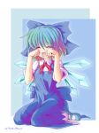  abyss_of_parliament blue_hair bow cirno green_hair mary_janes multicolored_hair north_abyssor purple_hair shoes short_hair sitting tears touhou wings wiping_tears 