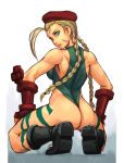  ass back bare_shoulders beret blonde_hair blue_eyes boots braid breasts cammy_white hat looking_back sideboob solo street_fighter twin_braids 