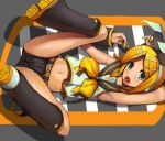  arms_up blonde_hair bowtie detached_sleeves drawr face goe hair_ornament hairclip kagamine_rin legs lying midriff navel sailor_collar shoe_soles shoes shorts soles solo spread_legs vocaloid 