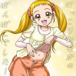  belly blonde_hair brown_eyes haruyama kasugano_urara lowres midriff navel open_mouth precure pretty_cure shirt_lift smile solo translation_request twintails yellow_background yes!_precure_5 yes!_pretty_cure_5 