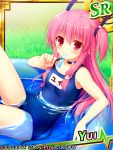 1girl :3 adjusting_strap angel_beats! fuyuichi grass long_hair pink_eyes pink_hair popsicle school_swimsuit swimsuit twintails two_side_up wading_pool yui_(angel_beats!) 