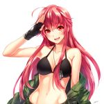  1girl ahoge bikini bikini_top black_bikini black_gloves blush breasts camouflage cleavage dog_tags fingerless_gloves gloves large_breasts long_hair looking_at_viewer milcho military military_uniform navel open_mouth original red_eyes redhead simple_background smile solo sweat swimsuit uniform white_background 