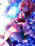  1girl ayase_midori barefoot bell blush checkered hair_bell hair_ornament japanese_clothes looking_at_viewer motoori_kosuzu open_mouth red_eyes redhead short_hair sitting soaking_feet solo touhou twintails water wind_chime 
