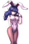  1girl animal_ears arm_behind_back blue_hair blush breasts bunnysuit ear_clip expressionless hand_in_hair large_breasts light_smile looking_at_viewer miata_(pixiv) pantyhose rabbit_ears red_eyes seiran_(touhou) shadow short_hair simple_background solo touhou white_background wrist_cuffs 