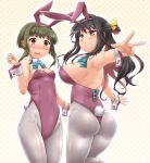  2girls adapted_costume animal_ears ass black_hair bowtie breast_envy breasts brown_eyes bunny_tail bunnysuit detached_collar green_hair highres kantai_collection long_hair multiple_girls naganami_(kantai_collection) pantyhose rabbit_ears short_hair tail takanami_(kantai_collection) wrist_cuffs yoshi_tama 