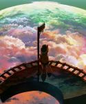  1girl above_clouds akashia clouds fantasy highres lamppost looking_afar original pointing pointing_forward rabbit railing solo standing train 