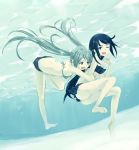  2girls air_bubble barefoot bikini black_hair blue_hair bubble denim denim_shorts freediving hide38 long_hair multiple_girls original short_shorts shorts swimming swimsuit twintails underwater yuri 