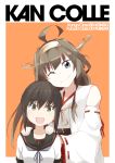  2girls :d ahoge bare_shoulders black_hair brown_hair character_name copyright_name detached_sleeves fubuki_(kantai_collection) green_eyes grey_eyes hairband hands_on_another&#039;s_shoulders headgear highres kantai_collection kongou_(kantai_collection) long_hair looking_at_viewer multiple_girls neckerchief nontraditional_miko one_eye_closed open_mouth ponytail remodel_(kantai_collection) ribbon-trimmed_sleeves ribbon_trim sailor_collar school_uniform serafuku short_hair short_ponytail smile souji upper_body 