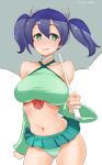  1girl bare_shoulders blue_hair blush breasts detached_sleeves green_eyes highres kantai_collection large_breasts looking_at_viewer midriff navel open_mouth racequeen short_hair skirt smile solo souryuu_(kantai_collection) tori_kaku twintails umbrella 
