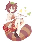  1girl :3 animal_ears brown_eyes brown_hair daizu_(melon-lemon) futatsuiwa_mamizou glasses gourd highres leaf leaf_on_head pince-nez raccoon_ears raccoon_tail short_hair skirt smile smoking_pipe solo tail touhou 