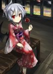  1girl akisome_hatsuka alternate_costume alternate_hairstyle bat_wings blurry depth_of_field floral_print hair_ornament hair_up hand_on_own_knee japanese_clothes kimono lavender_hair looking_at_viewer obi outdoors pointy_ears red_eyes remilia_scarlet sandals sash short_hair smile touhou wings wooden_floor yukata 