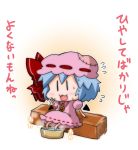  1girl :3 bat_wings blue_hair bow brooch chibi commentary_request detached_wings flying_sweatdrops hat hat_bow jewelry mob_cap noai_nioshi open_mouth patch puffy_short_sleeves puffy_sleeves red_bow remilia_scarlet short_hair short_sleeves sitting solo sweat touhou translation_request wings |_| 