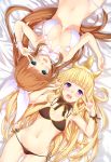  2girls :d bangs bikini black_bikini blonde_hair blunt_bangs bokokichi_(you) bow bow_bikini breasts brown_hair cagliostro_(granblue_fantasy) choker clarisse_(granblue_fantasy) cleavage from_above granblue_fantasy green_eyes headgear long_hair looking_at_viewer lying multiple_girls navel on_back on_bed open_mouth pom_pom_(clothes) ponytail side-tie_bikini small_breasts smile swept_bangs swimsuit v v_over_eye violet_eyes white_bikini white_swimsuit wrist_bow wrist_ribbon 