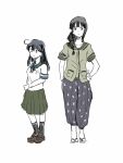  2girls ahoge asakawa_(outeq) braid collarbone flip-flops kantai_collection kitakami_(kantai_collection) kneehighs long_hair looking_at_viewer multiple_girls name_tag pleated_skirt sandals school_uniform serafuku shoes single_braid sketch skirt ushio_(kantai_collection) 