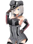  1girl bare_shoulders bismarck_(kantai_collection) bismarck_(kantai_collection)_(cosplay) blue_eyes brown_gloves cosplay detached_sleeves gloves hair_ornament hairclip hamakaze_(kantai_collection) hat highres kantai_collection military military_uniform peaked_cap short_hair silver_hair sin_(kami148) smile solo thigh-highs transparent_background uniform 