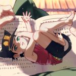  animal_ears black_hair book cat_ears child crossed_legs earrings emg_(christain) from_above green_eyes hat jewelry jojo_no_kimyou_na_bouken kuujou_joutarou lying miniboy shade shorts tail younger 