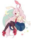  1girl animal_ears carrot crescent_moon daizu_(melon-lemon) long_hair moon necktie one_eye_closed outstretched_arm purple_hair rabbit_ears red_eyes reisen_udongein_inaba skirt solo touhou very_long_hair 