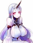  1girl bare_shoulders blush breasts claws detached_sleeves dress frown highres horn kantai_collection large_breasts long_hair looking_at_viewer red_eyes ribbed_dress seaport_hime shinkaisei-kan sideboob solo tori_kaku very_long_hair white_hair 