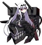  1girl aircraft_carrier_water_oni armored_boots black_boots black_dress black_gloves black_legwear boots chibi detached_sleeves dress gloves hair_ornament high_heel_boots high_heels kantai_collection long_hair long_sleeves machinery minarai red_eyes ribbed_dress sailor_dress shinkaisei-kan simple_background sitting solo thigh-highs turret white_background white_hair white_skin zettai_ryouiki 