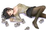  1girl :d bare_shoulders black_hair black_legwear black_skirt blush breasts cleavage collarbone drunk hanekoto head_tilt knee_up long_sleeves looking_at_viewer lying nose_blush off-shoulder_sweater on_back open_mouth pantyhose short_hair simple_background skirt sleeves_past_wrists smile soda_can solo sweater white_background 