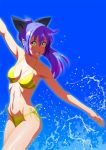  1girl bikini long_hair original ponytail purple_hair splashing swimsuit water yamamoto_nanashiki yellow_eyes 