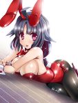  1girl animal_ears black_hair bowtie bunny_tail bunnysuit detached_collar kantai_collection long_hair lying miuku_(marine_sapphire) on_stomach pantyhose rabbit_ears red_eyes taigei_(kantai_collection) tail tongue tongue_out wrist_cuffs 
