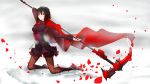  1girl absurdres black_hair cape highres looking_at_viewer petals red_eyes rose_petals ruby_rose rwby scythe short_hair solo sushu 