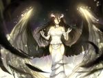  1girl albedo bare_shoulders black_wings demon_girl demon_horns detached_collar dress elbow_gloves feathers gloves highres hip_vent horns long_dress long_hair looking_at_viewer overlord_(maruyama) signature sishenfan solo strapless_dress very_long_hair white_dress white_gloves wings 
