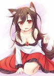  1girl animal_ears bare_shoulders brown_hair fang frilled_sleeves frills imaizumi_kagerou long_hair niiya open_mouth red_eyes tail touhou wolf_ears wolf_tail 