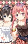  2girls :p black_hair double_v multiple_girls one_eye_closed original red_eyes redhead short_hair sky_(freedom) tongue tongue_out v 