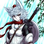  1girl animal_ears detached_sleeves hat highres inubashiri_momiji looking_at_viewer messy_hair miata_(pixiv) red_eyes scarf shield shirt silver_hair solo sword tokin_hat touhou upper_body weapon wolf_ears 