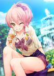  1girl bow bra flower food hair_bow ice_cream ichikawa_noa idolmaster idolmaster_cinderella_girls jewelry jougasaki_mika one_eye_closed pink_hair ring see-through short_hair sitting skirt smile solo underwear wet wet_clothes yellow_eyes 