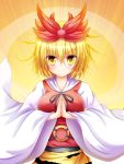  1girl blonde_hair commentary_request hair_ornament hands_together highres long_sleeves looking_at_viewer osashin_(osada) sash shawl shirt short_hair smile solo tiger_print toramaru_shou touhou vest wide_sleeves yellow_eyes 
