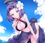  1girl black_swimsuit blush breasts cleavage collarbone flower hair_flower hair_ornament hand_on_own_chest kantai_collection leaning_forward looking_at_viewer navel osaji0909 purple purple_hair sarong smile solo swimsuit tatsuta_(kantai_collection) violet_eyes water 