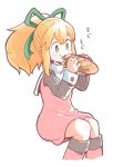  1girl blonde_hair blush bow dress eating food food_on_face green_eyes long_sleeves nezumi_inu ponytail rockman roll simple_background solo translated white_background 