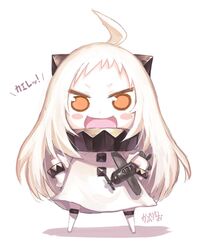  &gt;:d 1girl :d ahoge airplane blush_stickers brown_eyes chibi dress hibanar himouto!_umaru-chan holding horns kantai_collection long_hair looking_at_viewer mittens northern_ocean_hime open_mouth parody shinkaisei-kan sketch smile solo style_parody white_dress white_hair white_skin 