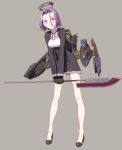  1girl gloves kantai_collection looking_at_viewer mechanical_halo namisi pink_eyes purple_hair short_hair smile solo weapon 