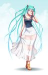  1girl aqua_eyes aqua_hair blush breasts collarbone contrapposto covered_navel fingernails gradient gradient_background gradient_hair green_hair hair_ornament hatsune_miku high_heels long_hair long_skirt looking_at_viewer multicolored_eyes multicolored_hair nail_polish sandals see-through skirt skirt_hold smile solo toenails toes twintails very_long_hair violet_eyes vocaloid wokada 