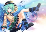  1girl akashio_(loli_ace) bent_knees blue_eyes boots bow green_hair hat komeiji_koishi long_sleeves looking_at_viewer ribbon short_hair skirt smile solo touhou 