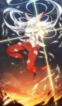  1girl absurdres brown_shoes covering_face crossed_arms fingerless_gloves floating_hair fujiwara_no_mokou full_body gloves hair_ribbon highres jumping lemonice looking_at_viewer motion_blur red_eyes red_pants ribbon shoes solo touhou white_hair 