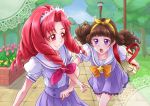  2girls :o akagi_towa amanogawa_kirara bag bow brown_hair chocokin flower go!_princess_precure hair_intakes hairband locked_arms long_hair multiple_girls orange_bow pleated_skirt precure purple_skirt red_eyes redhead school_uniform skirt smile tree violet_eyes 