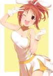  1girl :d abe_nana animal_ears bare_shoulders blush breasts brown_eyes brown_hair dress gloves halo0002 idolmaster idolmaster_cinderella_girls long_hair looking_at_viewer one_eye_closed open_mouth ponytail rabbit_ears skirt smile solo v white_gloves 